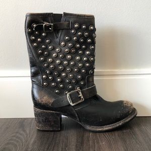 Frye Boots | Vera Short Disc Studded Black Leather Stacked Heel Distressed Moto